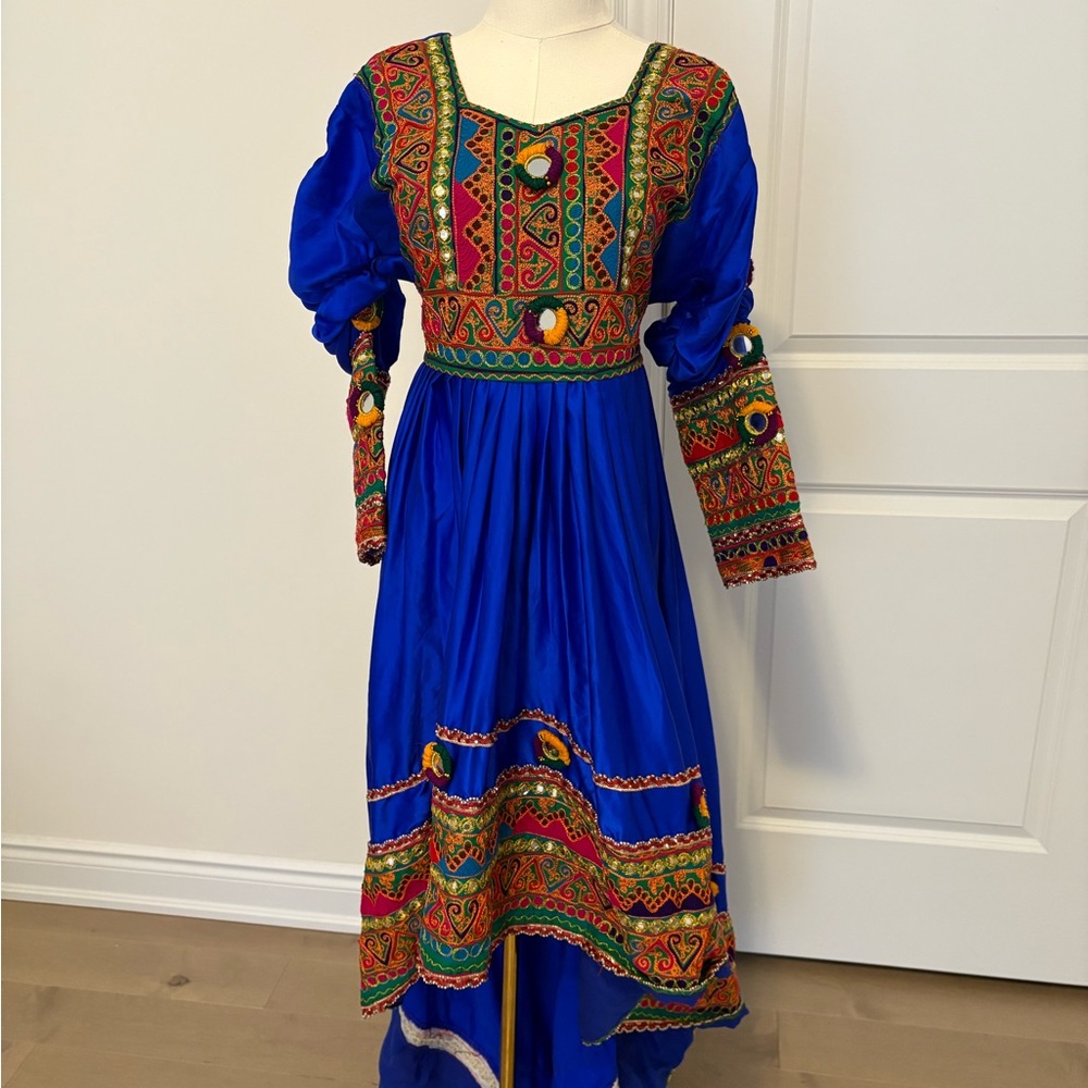 Vibrant Blue and Red Embroidered afghan Dress
